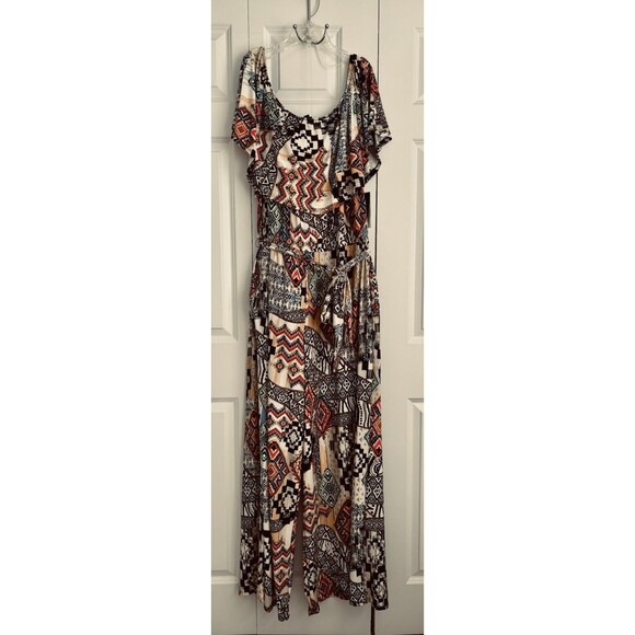 VIOLET B WOMEN'S PLUS SIZE 1X, 2X, OFF SHOULDER AZTEC JUMPSUIT KNIT POCKETS - Picture 2 of 6